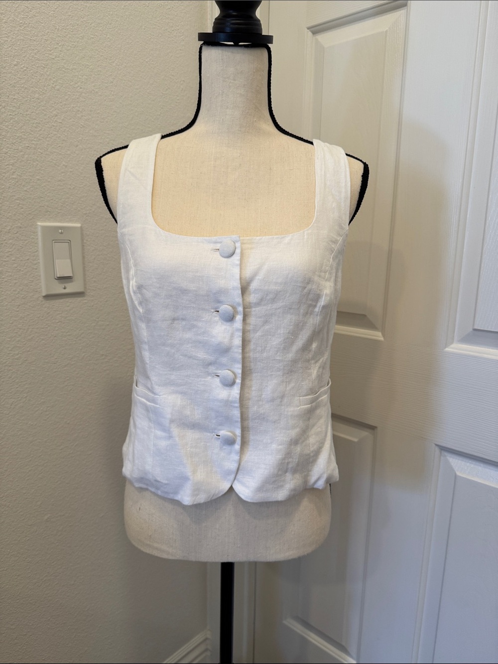 J. Crew White Linen Button-Front Tank